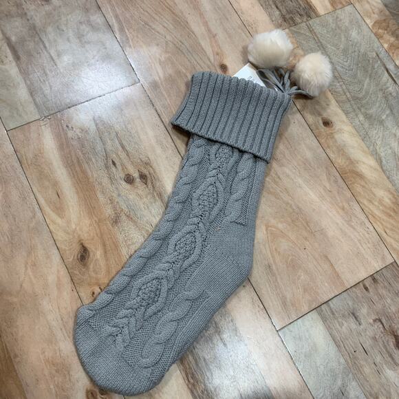 UGG Home Christmas Cable Knit Stocking Stuffer Gray Holiday Pom Pom 12” x 21” - Picture 6 of 8